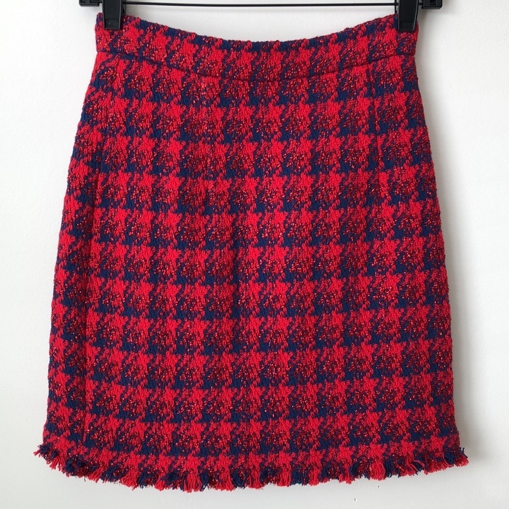 IRO Quisera Red/Blue Frayed Metallic Tweed Mini Skirt Size 34 US 2(XS) - Picture 2 of 7